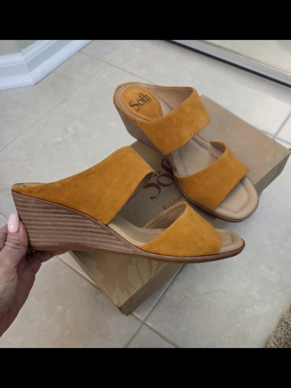Sofft Mustard Suede Wedge Slide Sandals